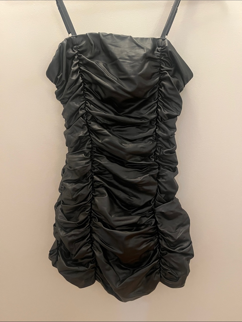 Wet Seal Black Ruched Satin Mini Dress with Spaghetti Straps